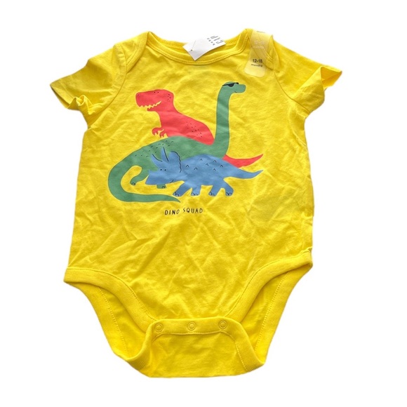 Gap 2 Bundle of Onesies Dinosaur Stripes Yellow Blue Size 12-18 Months - Picture 4 of 9